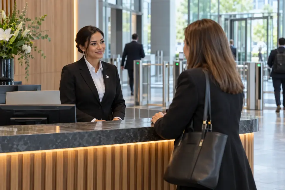 Illustrative scene of a security concierge welcoming a visitor at corporate reception