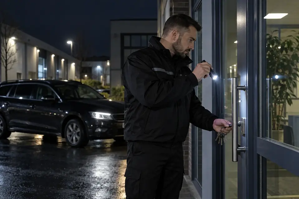 Illustrative scene of a mobile response officer checking a locked commercial entrance