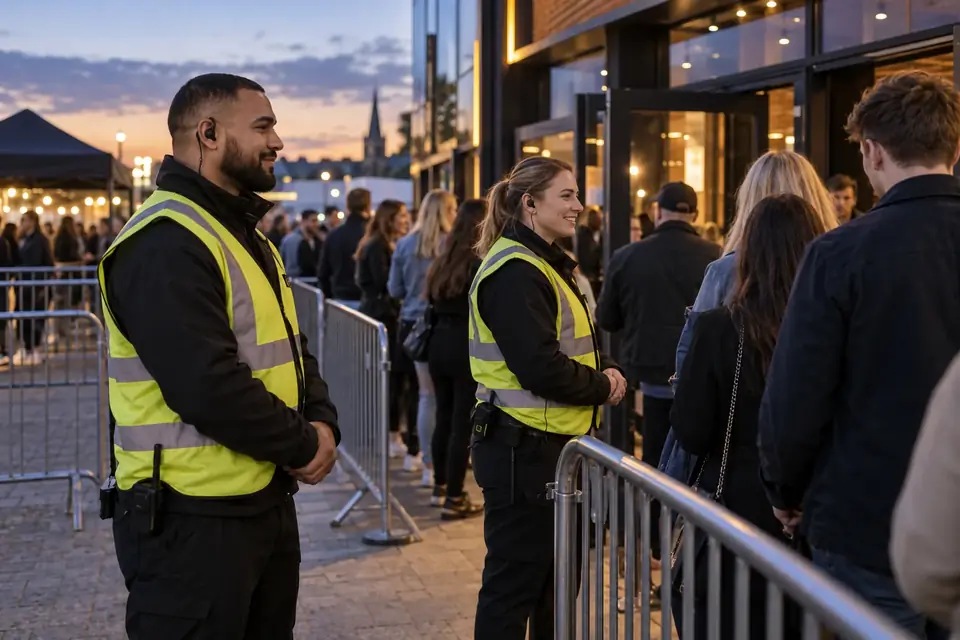 Illustrative scene of security stewards supervising an orderly event entrance
