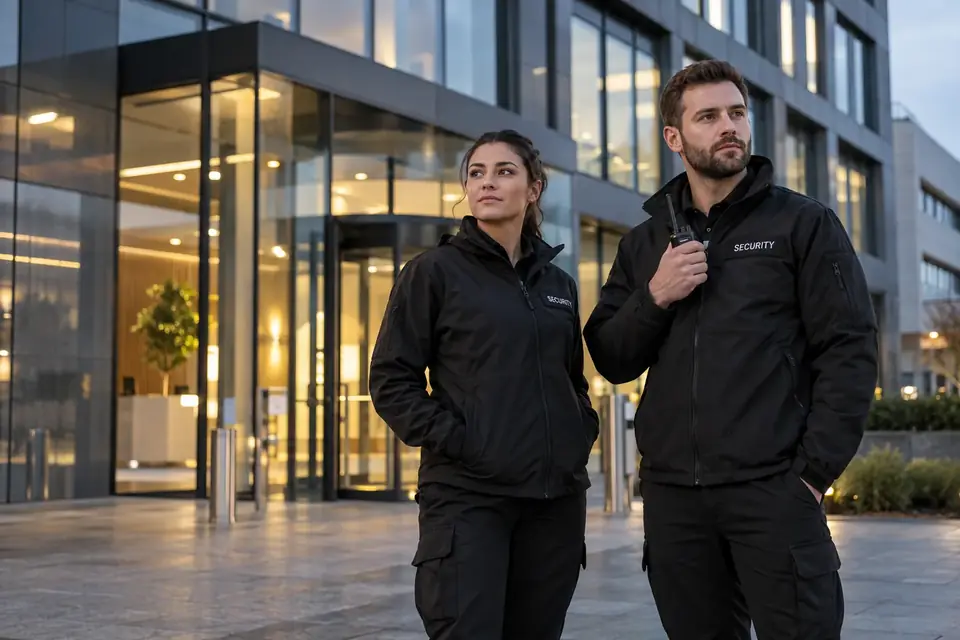 Illustrative scene of two professional security officers outside a commercial building